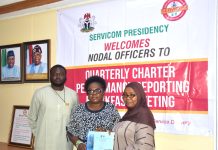 R – L; Nigerian Upstream Petroleum Regulatory Commission (NUPRC) Nodal Officer, Muinat Bello, Head of SERVICOM Operations Mrs. Ngozi Akinbodewa and Nigerian Upstream Petroleum Regulatory Commission (NUPRC) SERVICOM Desk Officer Bulus Gazar during the presentation of the Commission’s Q3 Report at the ongoing Charter Performance Reporting Breakfast Meeting at SERVICOM Office, Presidency on 26th October, 2026 in Abuja.