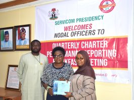R – L; Nigerian Upstream Petroleum Regulatory Commission (NUPRC) Nodal Officer, Muinat Bello, Head of SERVICOM Operations Mrs. Ngozi Akinbodewa and Nigerian Upstream Petroleum Regulatory Commission (NUPRC) SERVICOM Desk Officer Bulus Gazar during the presentation of the Commission’s Q3 Report at the ongoing Charter Performance Reporting Breakfast Meeting at SERVICOM Office, Presidency on 26th October, 2026 in Abuja.