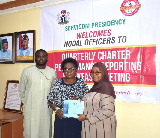 R – L; Nigerian Upstream Petroleum Regulatory Commission (NUPRC) Nodal Officer, Muinat Bello, Head of SERVICOM Operations Mrs. Ngozi Akinbodewa and Nigerian Upstream Petroleum Regulatory Commission (NUPRC) SERVICOM Desk Officer Bulus Gazar during the presentation of the Commission’s Q3 Report at the ongoing Charter Performance Reporting Breakfast Meeting at SERVICOM Office, Presidency on 26th October, 2026 in Abuja.