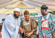 L-R: His Excellency Mohammed Umar Bago, Executive Governor of Niger State; Honourable Minister of Information, Mohammed Idris, and Minister of State Agriculture abd Food Security, Dr Aliyu Sabi Abdullahi, at the inauguration of the Niger State APC Gubernatorial Campaign Council, held on Monday at the Niger State Government House, Minna, Niger state