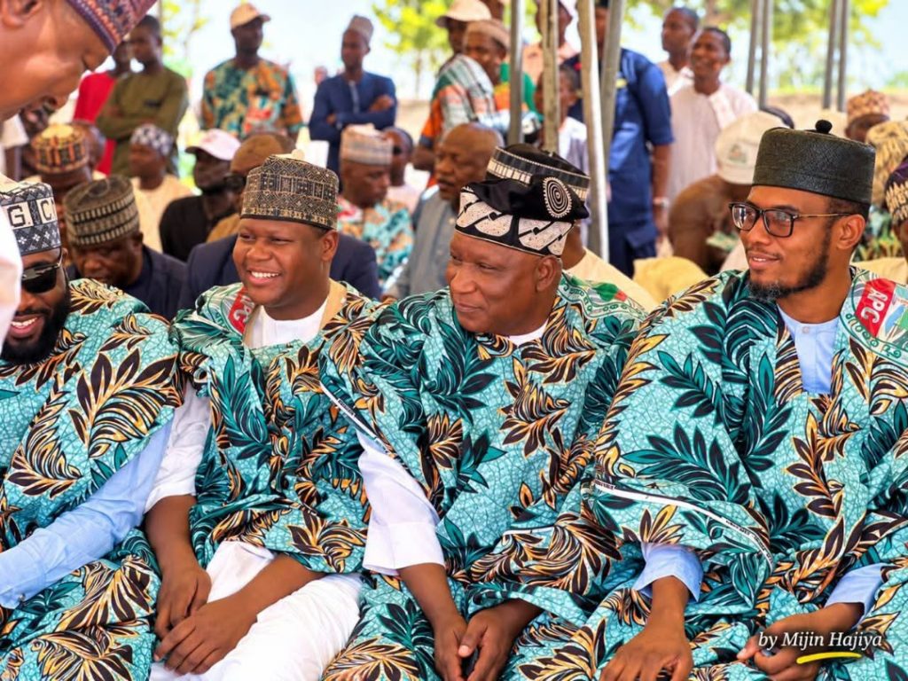 Some of the dignitaries at the programme, including Comrade Salihu Mustapha, APC Senatorial Candidate for Adamawa Central (far left); Barr. Idriss Shuaibu, APC National Vice-Chairman, North-East Zone; Dr Raymond Chidama, Adamawa State Deputy Chairman of the APC; and another party stakeholder.