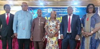 Representative of the Minister, Federal Ministry of Marine and Blue Economy, Director, Information & PR, Anastasia Ogbonna (4th left), President, Shipping Correspondents Association of Nigeria, Moses Ebosele (3rd left), Chairman of the Occasion, Temisan Omatseye (2nd left), Regional Manager, United Bank for Africa, Nelson Edoye (1st left), representative of Olisa Agbakoba, SAN, Akunne Nzube (5th left) & Director, Consumer Affairs, Nigerian Ports Economic Regulatory Agency, Ify Okolue.